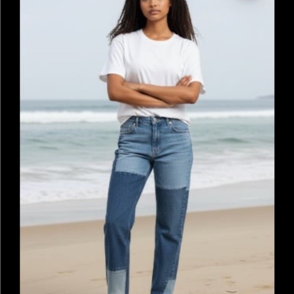 Free People Blue Patchwork Straight Leg Jeans - Picture 12 of 13